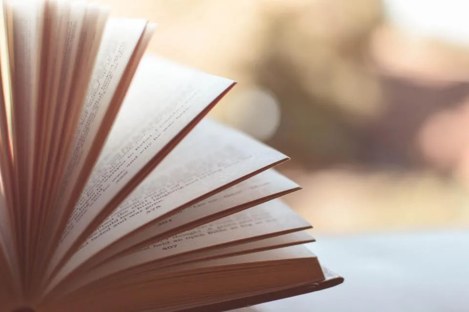 The pages of an open book fanned out in warm light